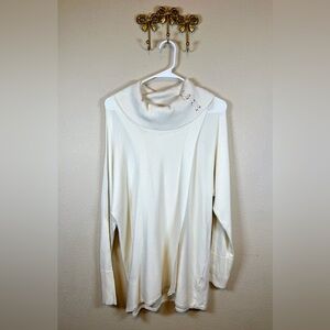 JM Collection Cream Cowl Neck Sweater with Lace Up Design on Collar.  Size M